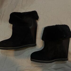 UGG Black Faux-Fur Wedge Ankle Boots